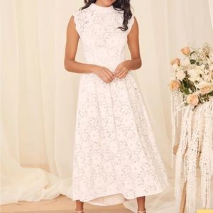 Lulus sweetest love story white lace high low midi dress, size small with tags